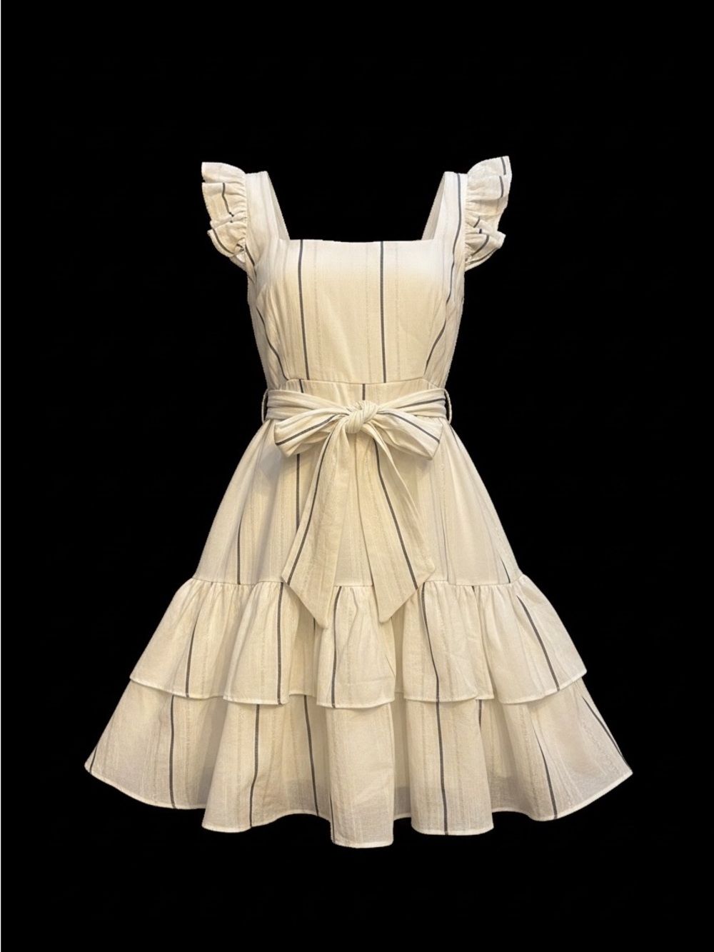 Tiered Bow-Waist Mini Dress in Cream with Pinstripes